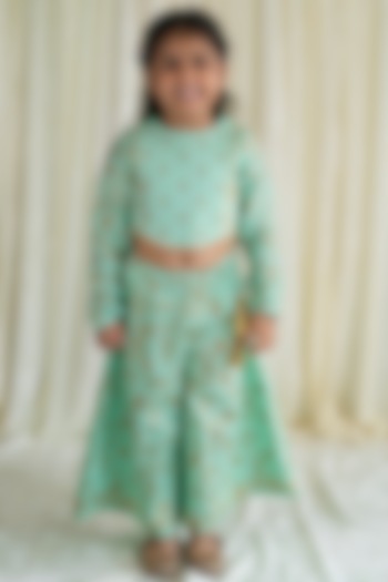 Green Printed Palazzo Pant Set With Hair Bow Clip For Girls by Tiber Taber at Pernia's Pop Up Shop