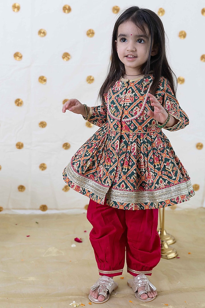 Multi- Colored Cotton Patola Printed Angrakha Set For Girls by Tiber Taber at Pernia's Pop Up Shop