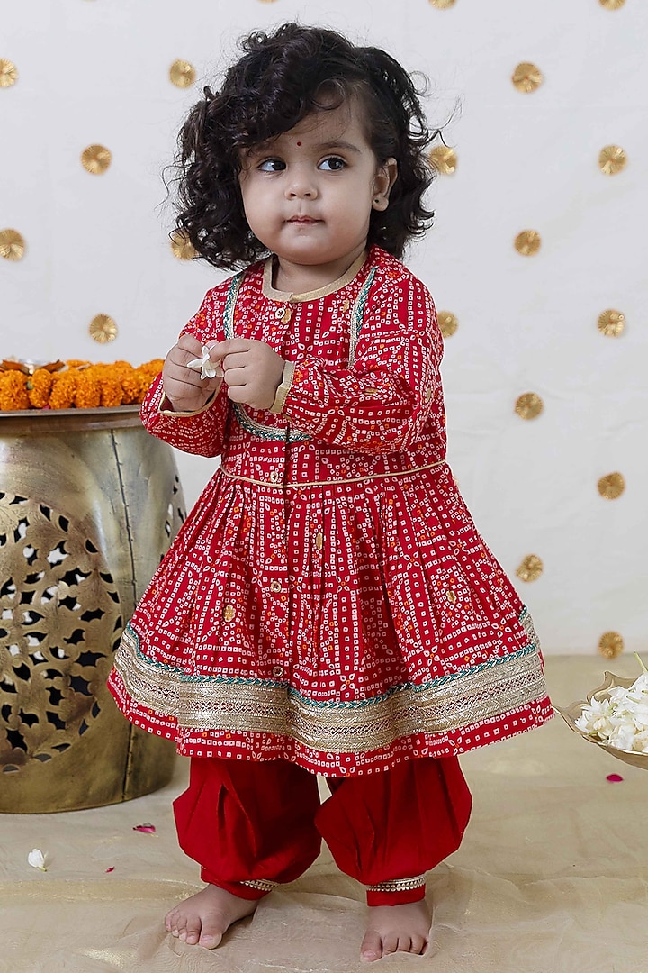 Red Cotton Bandhani Printed Angrakha Set For Girls by Tiber Taber at Pernia's Pop Up Shop