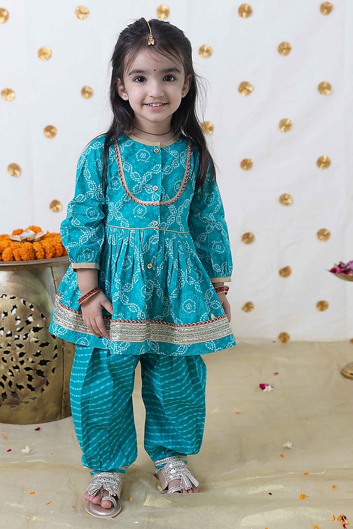 Blue Cotton Bandhani Printed Angrakha Set For Girls by Tiber Taber at Pernia's Pop Up Shop