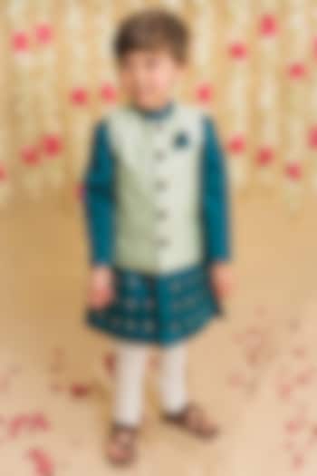 Teal Green Kurta Set With Embroidered Nehru Jacket For Boys by Tiber Taber
