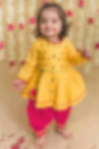 Yellow Embroidered Angrakha Kurta Set For Girls by Tiber Taber