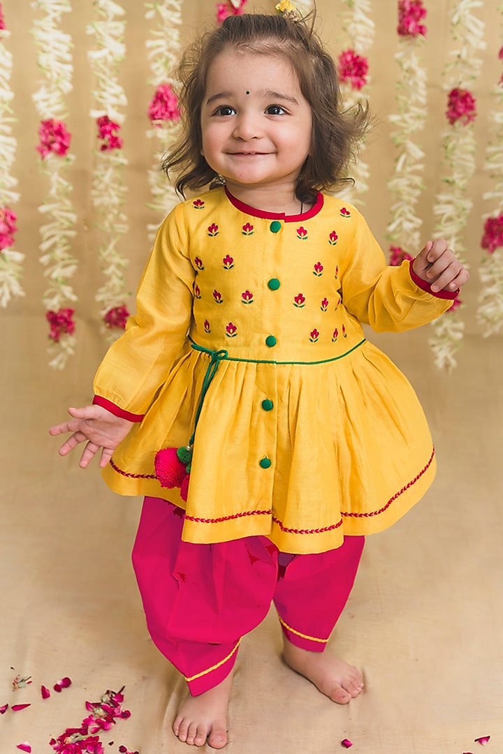 Yellow Embroidered Angrakha Kurta Set For Girls by Tiber Taber
