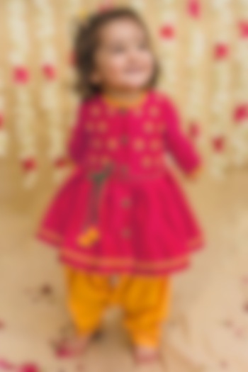 Fuchsia Embroidered Angrakha Kurta Set For Girls by Tiber Taber at Pernia's Pop Up Shop