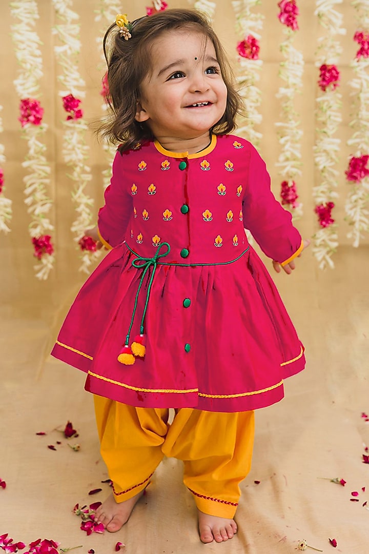 Fuchsia Embroidered Angrakha Kurta Set For Girls by Tiber Taber