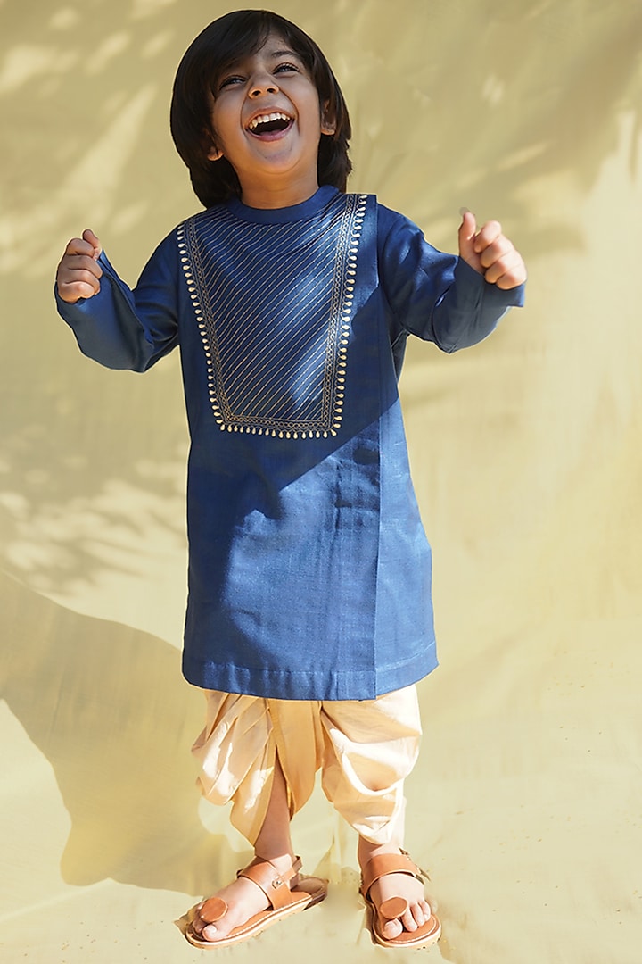 Brilliant Blue Embroidered Kurta Set For Boys by Tiber Taber
