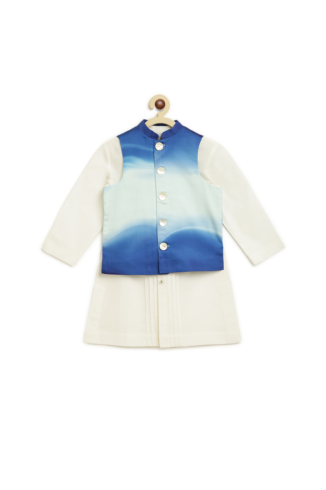 White Kurta Set With Digital Printed Jacket For Boys by Tiber Taber at Pernia's Pop Up Shop