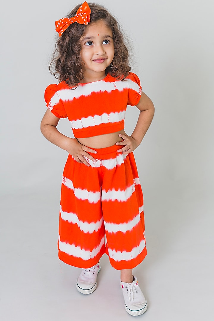 Bright Orange & White Tie-Dye Striped Co-Ord Set For Girls by Tiber Taber