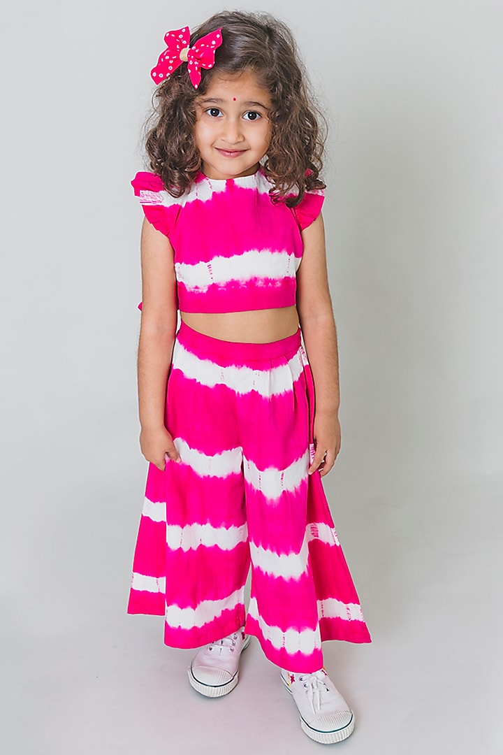Vibrant Pink & White Tie-Dye Striped Co-Ord Set For Girls by Tiber Taber