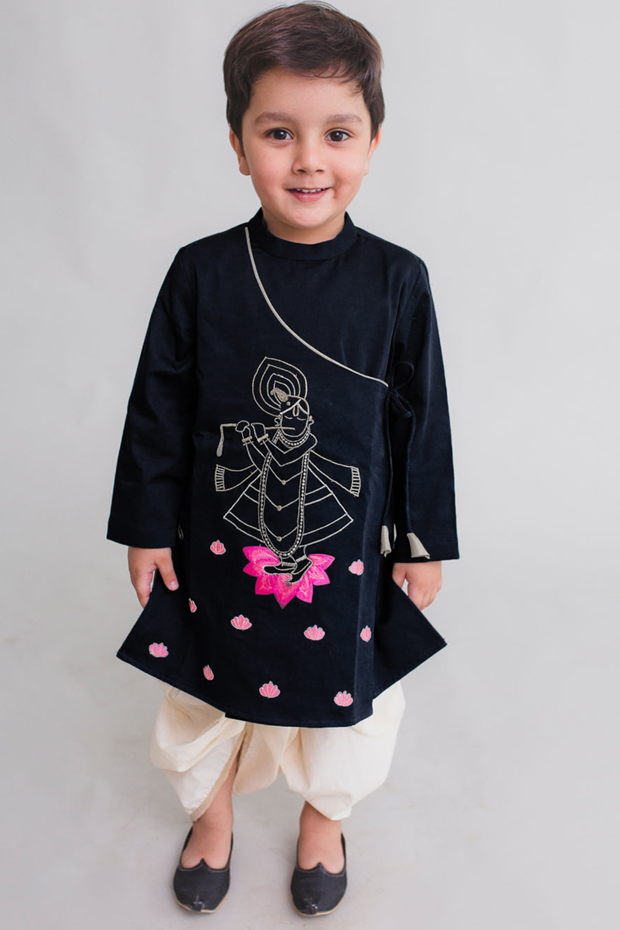 Blue Embroidered Overlap Kurta Set For Boys by Tiber Taber at Pernia's Pop Up Shop