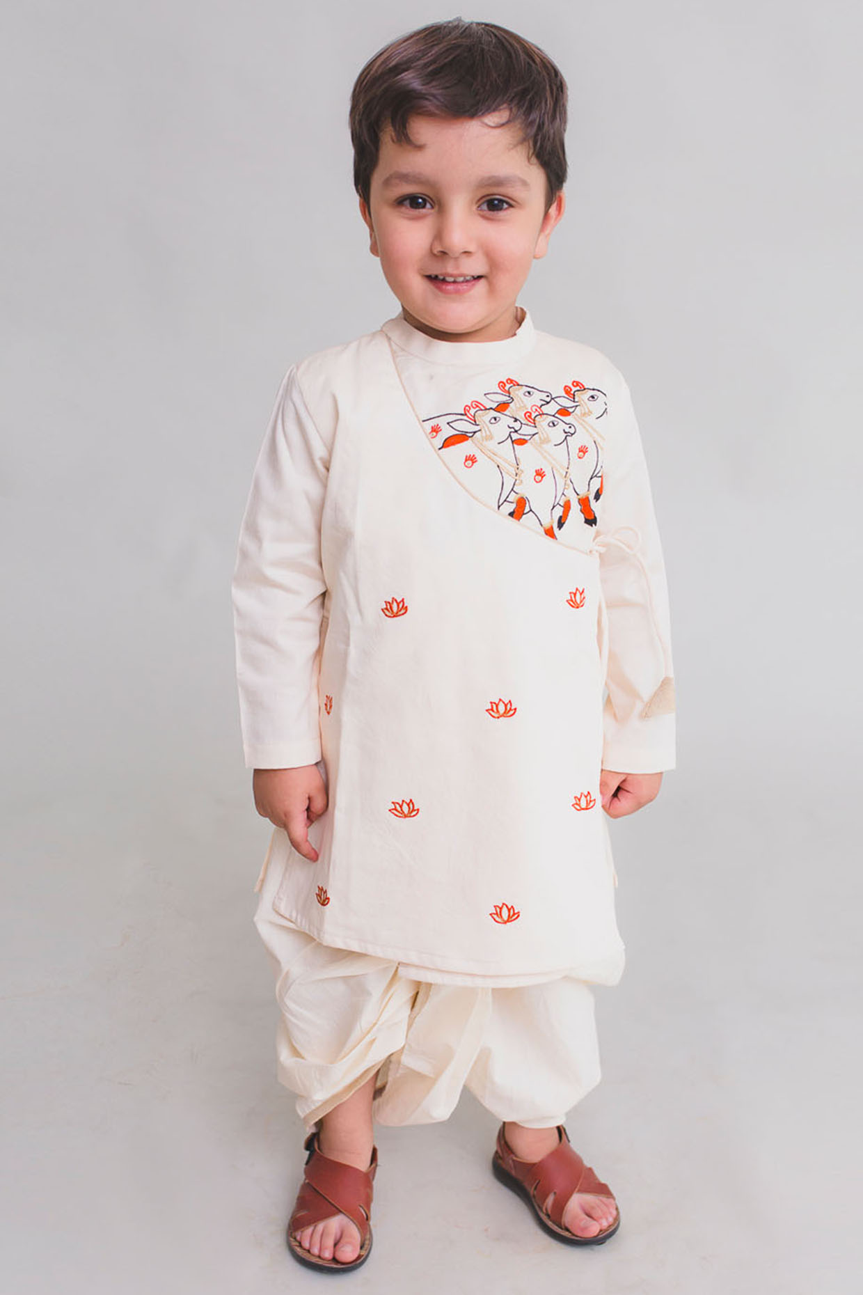White Overlap Kurta Set With Embroidery For Boys by Tiber Taber at Pernia's Pop Up Shop