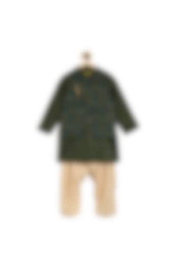 Olive Green Embroidered Kurta Set With Reversible Jacket For Boys by Tiber Taber