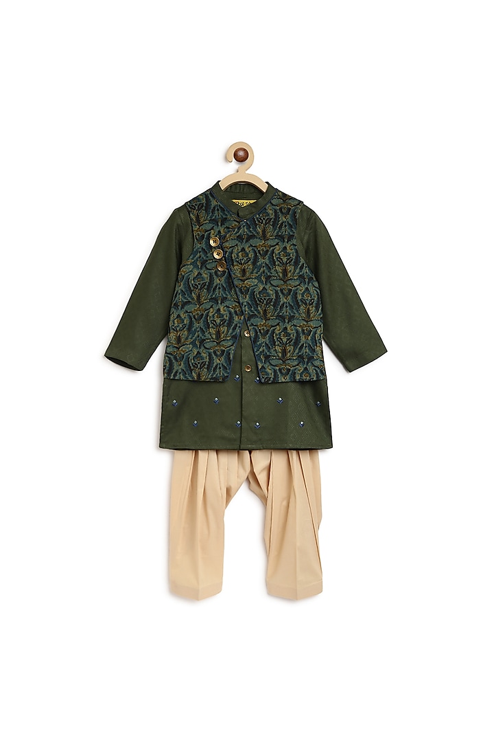Olive Green Embroidered Kurta Set With Reversible Jacket For Boys by Tiber Taber