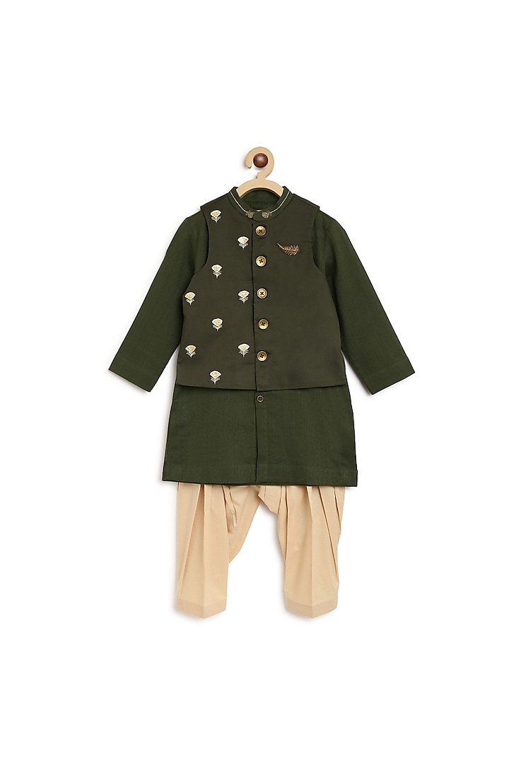 Green Embroidered Kurta Set With Jacket For Boys by Tiber Taber
