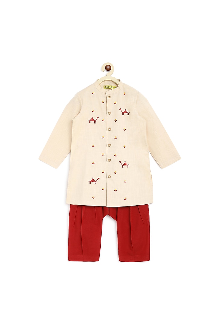 Beige Thread Embroidered Kurta Set For Boys by Tiber Taber