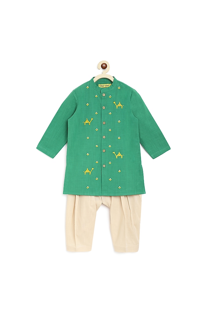 Green Thread Embroidered Kurta Set For Boys by Tiber Taber