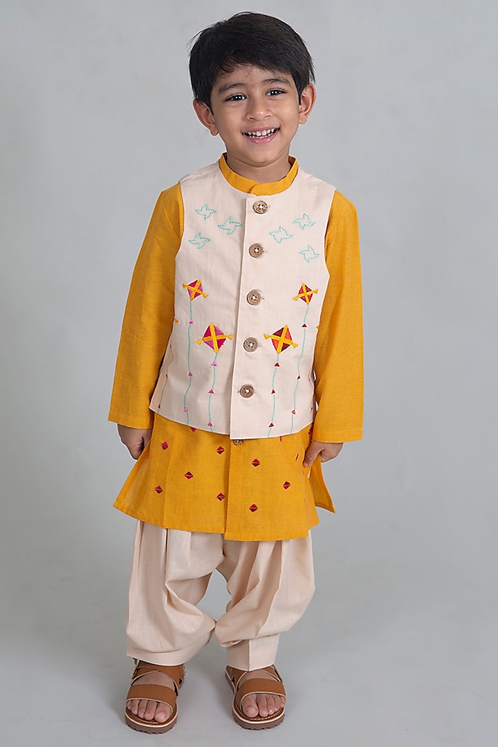 Yellow Kurta Set With Embroidered Jacket For Boys by Tiber Taber
