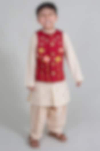 Beige Kurta Set With Embroidered Jacket For Boys by Tiber Taber