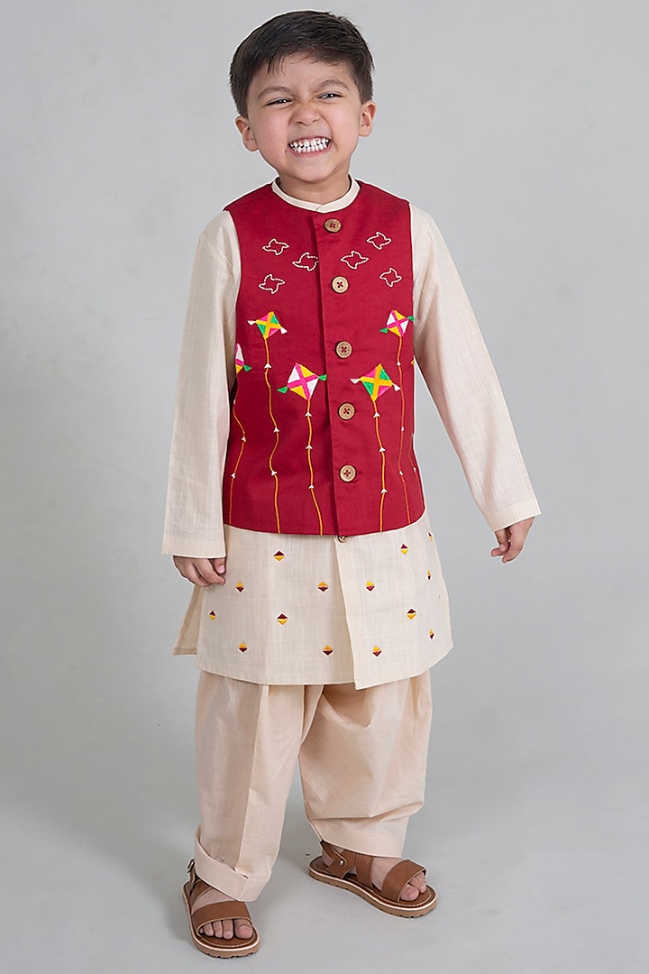 Beige Kurta Set With Embroidered Jacket For Boys by Tiber Taber