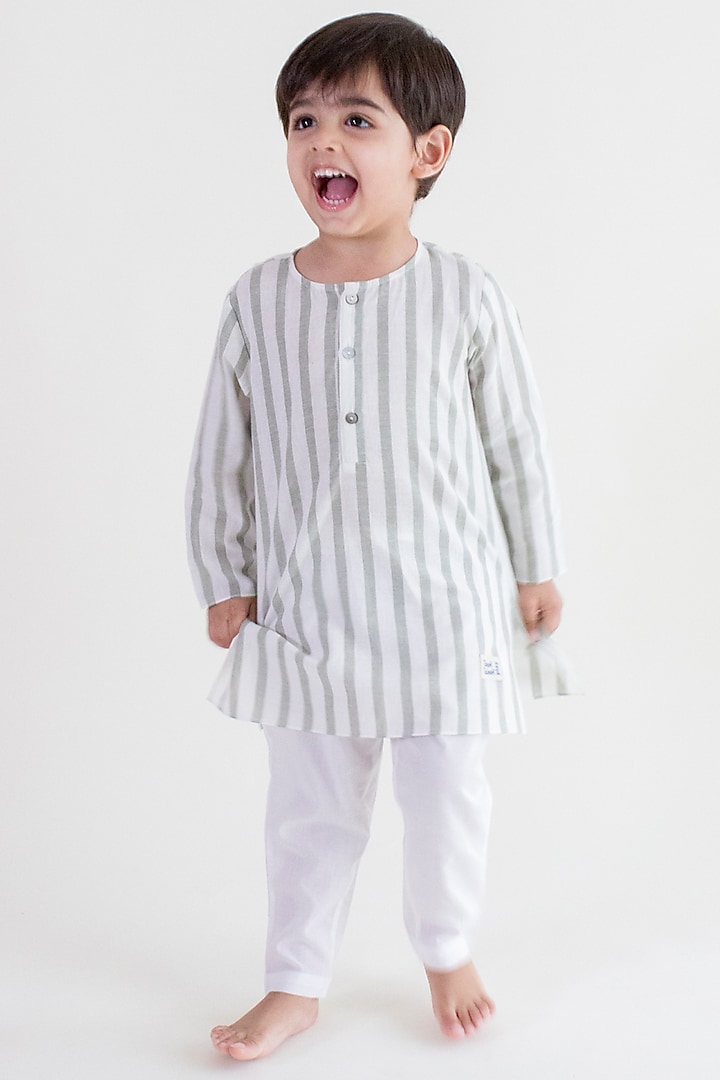 Grey Cotton Striped Printed & Leaf Embroidered Kurta Set For Kids by Tiber Taber at Pernia's Pop Up Shop