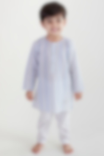 Blue Cotton Striped Printed & Leaf Embroidered Kurta Set For Kids by Tiber Taber at Pernia's Pop Up Shop