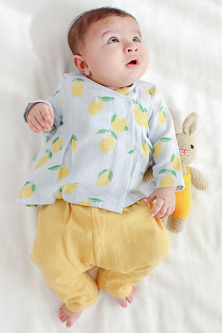 Blue Double Gauze Cotton Printed Jhabla Set For Kids by Tiber Taber at Pernia's Pop Up Shop