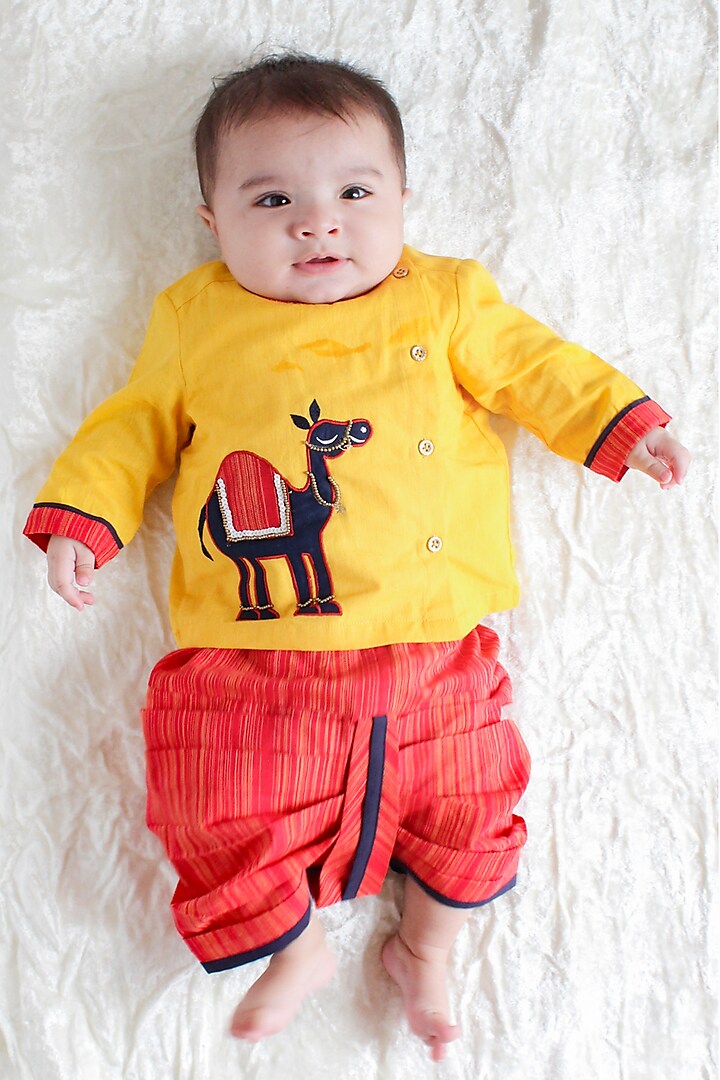 Yellow Cotton Applique Embroidered Kurta Set For Boys by Tiber Taber at Pernia's Pop Up Shop