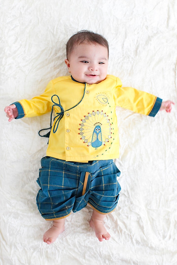 Yellow Cotton Applique Embroidered Kurta Set For Boys by Tiber Taber at Pernia's Pop Up Shop