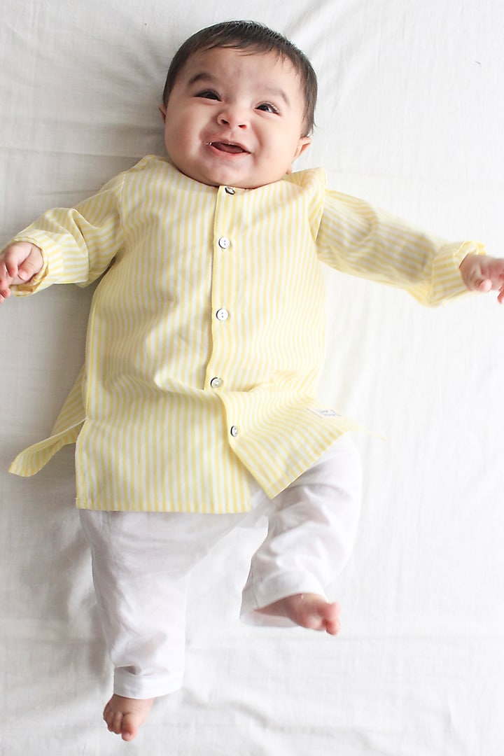 Yellow Cotton Striped Printed & Embroidered Kurta Set For Kids by Tiber Taber at Pernia's Pop Up Shop