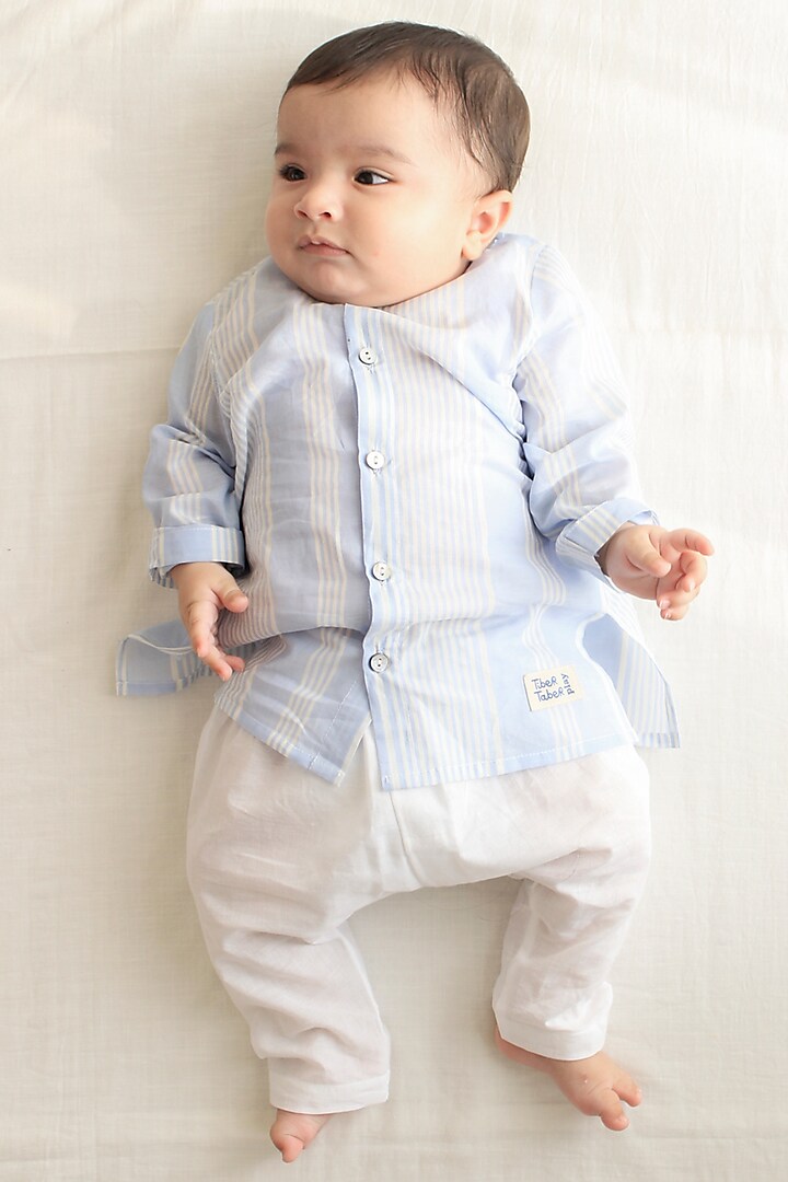 Blue Cotton Striped Printed & Leaf Embroidered Kurta Set For Kids by Tiber Taber at Pernia's Pop Up Shop