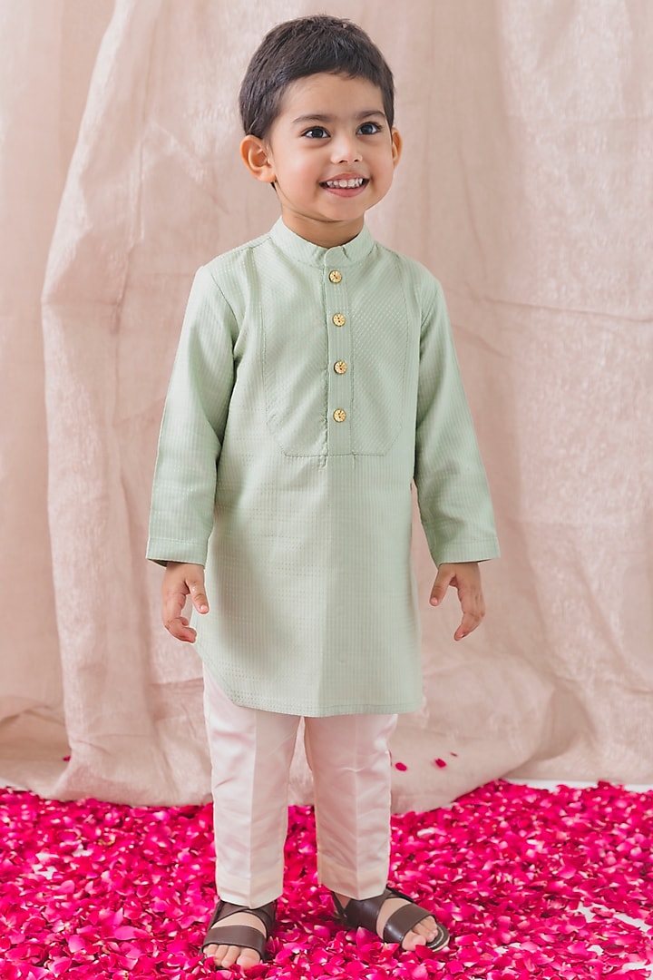 Sage Green Viscose Silk Kurta Set For Boys by Tiber Taber at Pernia's Pop Up Shop