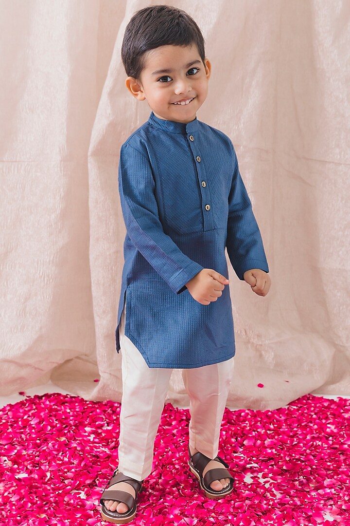 sage Blue Viscose Silk Kurta Set For Boys by Tiber Taber at Pernia's Pop Up Shop