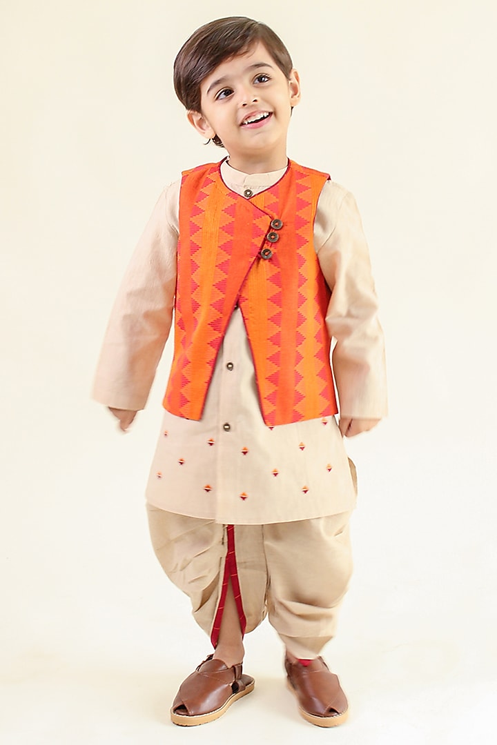 Orange Cotton Botta Embroidered Bundi Jacket Set For Boys by Tiber Taber at Pernia's Pop Up Shop