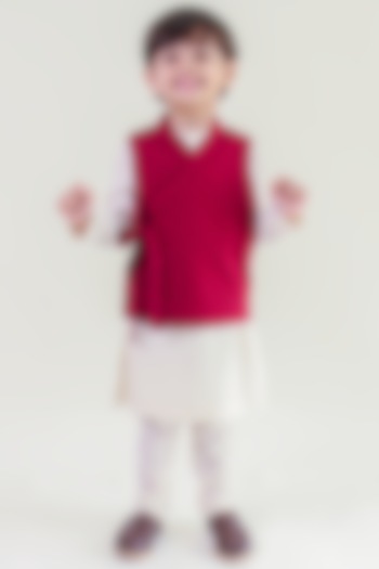 Maroon Self-Woven Cotton Jacquard Bundi Jacket Set For Boys by Tiber Taber at Pernia's Pop Up Shop