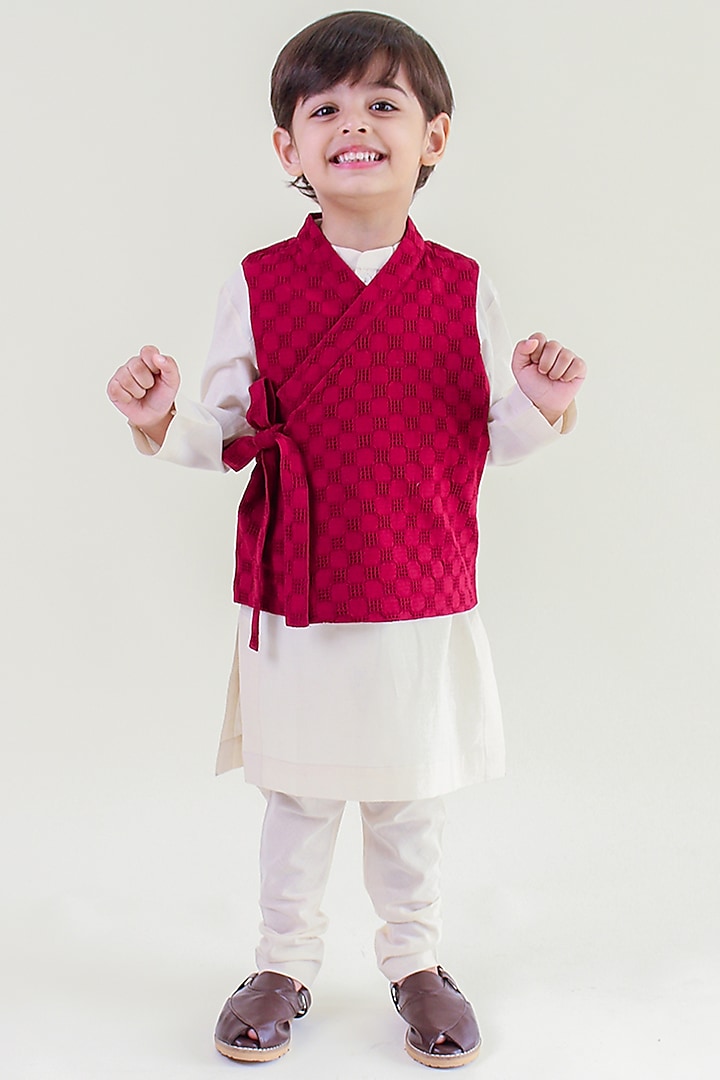 Maroon Self-Woven Cotton Jacquard Bundi Jacket Set For Boys by Tiber Taber at Pernia's Pop Up Shop