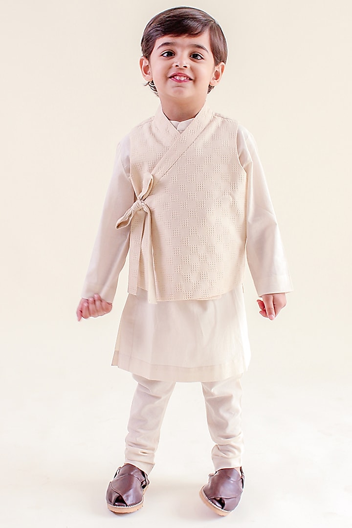 Cream Self-Woven Cotton Jacquard Bundi Jacket Set For Boys by Tiber Taber at Pernia's Pop Up Shop