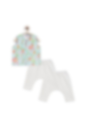 Green Double Gauze Floral Printed Jhabla Set For Kids by Tiber Taber at Pernia's Pop Up Shop