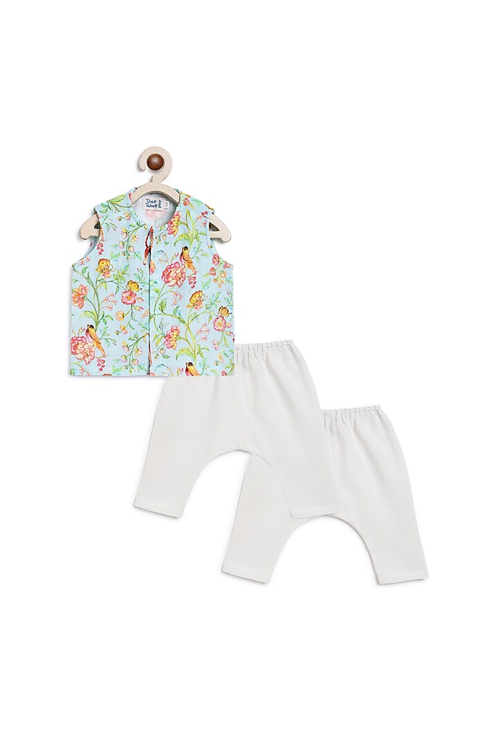 Green Double Gauze Floral Printed Jhabla Set For Kids by Tiber Taber at Pernia's Pop Up Shop