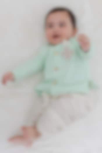 Green Cotton Satin Embroidered Bandhgala Set For Boys by Tiber Taber at Pernia's Pop Up Shop