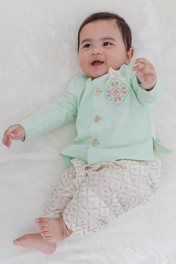 Green Cotton Satin Embroidered Bandhgala Set For Boys by Tiber Taber at Pernia's Pop Up Shop