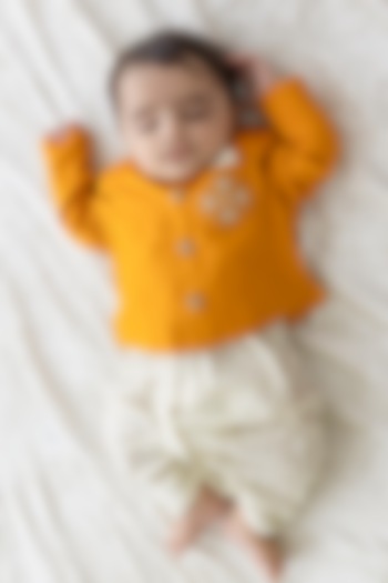 Yellow Cotton Satin Embroidered Bandhgala Set For Boys by Tiber Taber at Pernia's Pop Up Shop