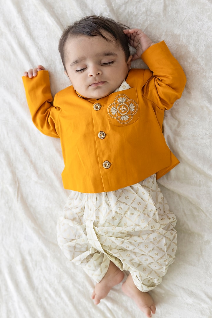 Yellow Cotton Satin Embroidered Bandhgala Set For Boys by Tiber Taber at Pernia's Pop Up Shop
