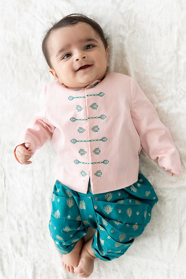 Pink Cotton Satin Embroidered Bandhgala Set For Boys by Tiber Taber at Pernia's Pop Up Shop