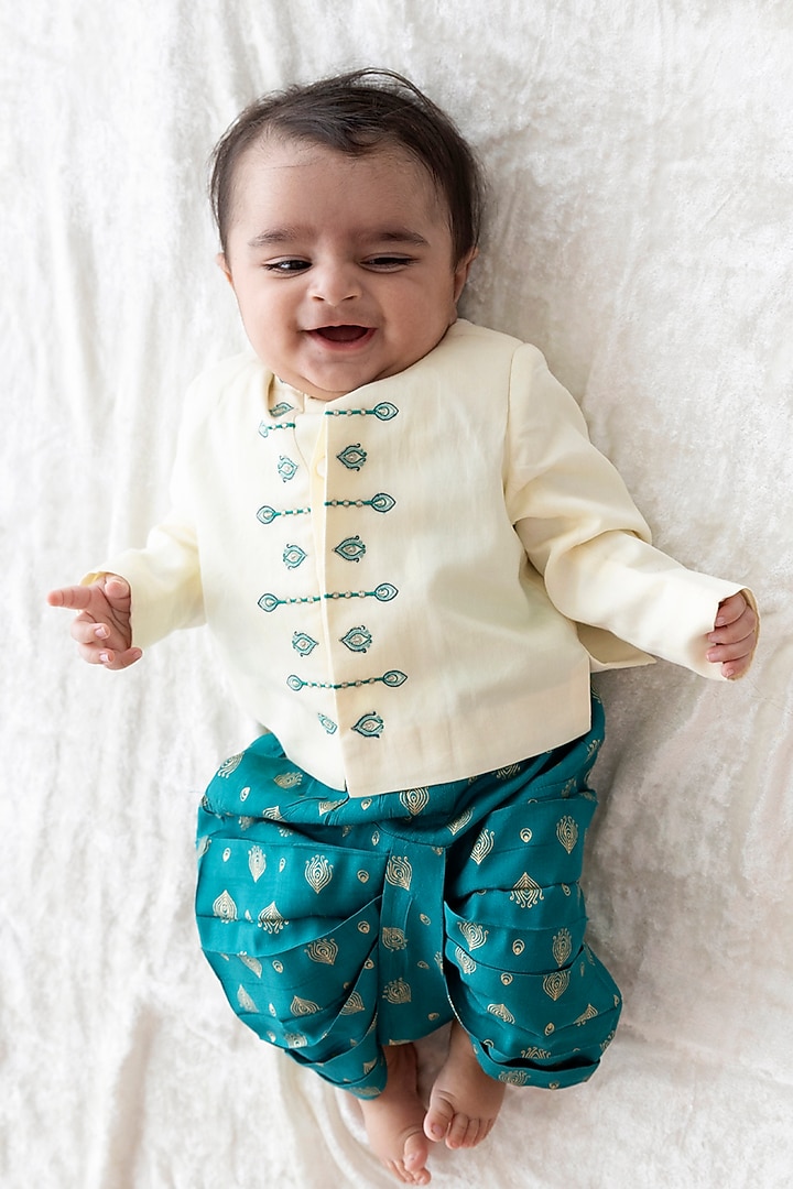 Cream Cotton Satin Embroidered Bandhgala Set For Boys by Tiber Taber at Pernia's Pop Up Shop