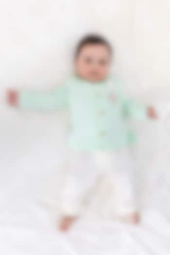 Green Cotton Satin Embroidered Bandhgala Set For Boys by Tiber Taber at Pernia's Pop Up Shop