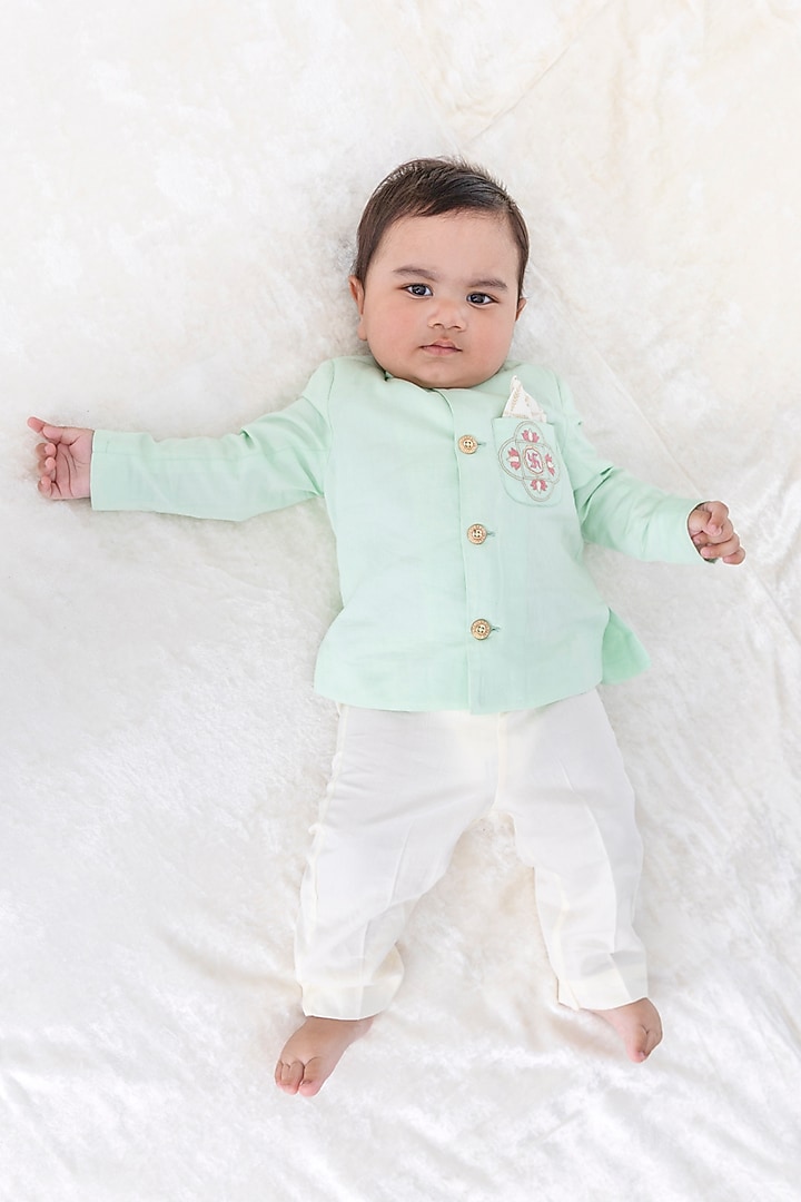 Green Cotton Satin Embroidered Bandhgala Set For Boys by Tiber Taber at Pernia's Pop Up Shop