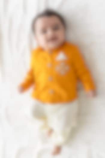 Yellow Cotton Satin Embroidered Bandhgala Set For Boys by Tiber Taber at Pernia's Pop Up Shop