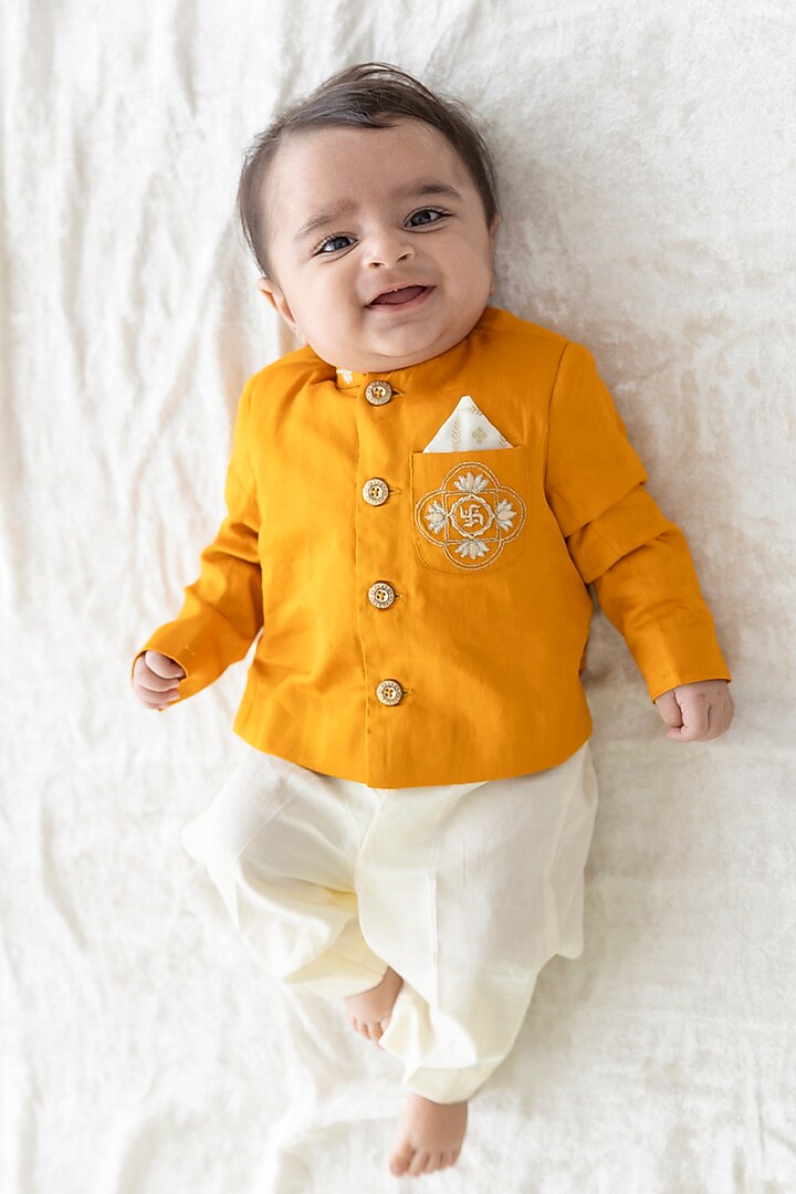 Yellow Cotton Satin Embroidered Bandhgala Set For Boys by Tiber Taber at Pernia's Pop Up Shop