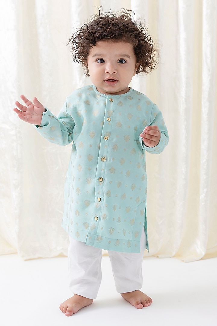 Blue Viscose Printed Kurta Set For Boys by Tiber Taber at Pernia's Pop Up Shop