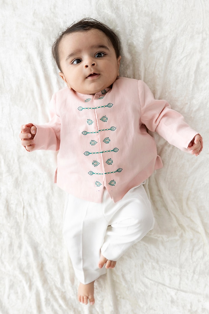 Pink Cotton Satin Embroidered Bandhgala Set For Boys by Tiber Taber at Pernia's Pop Up Shop
